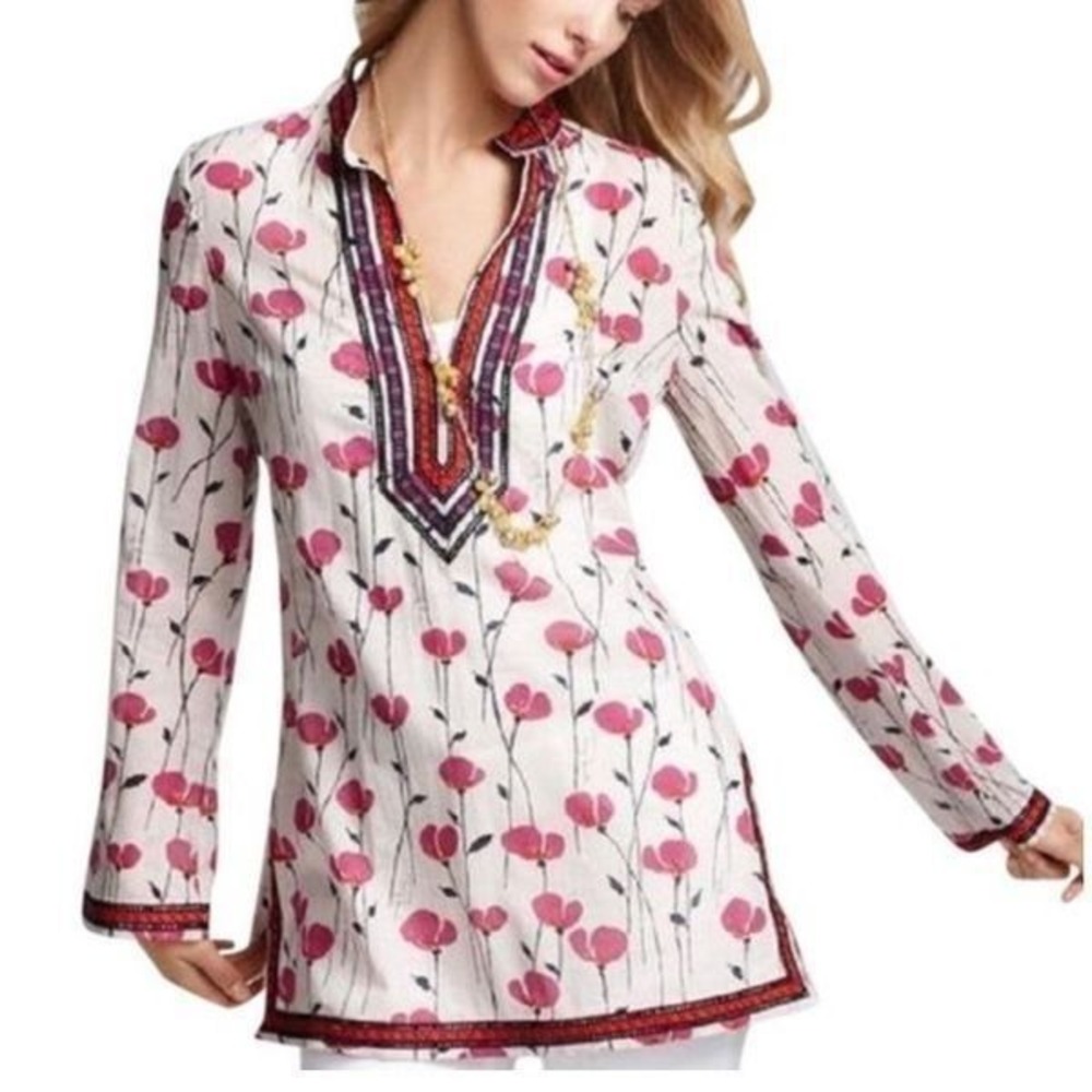Tory Burch Pink Floral Print Cotton Tunic Top Long Sleeve Blouse - Picture 1 of 11
